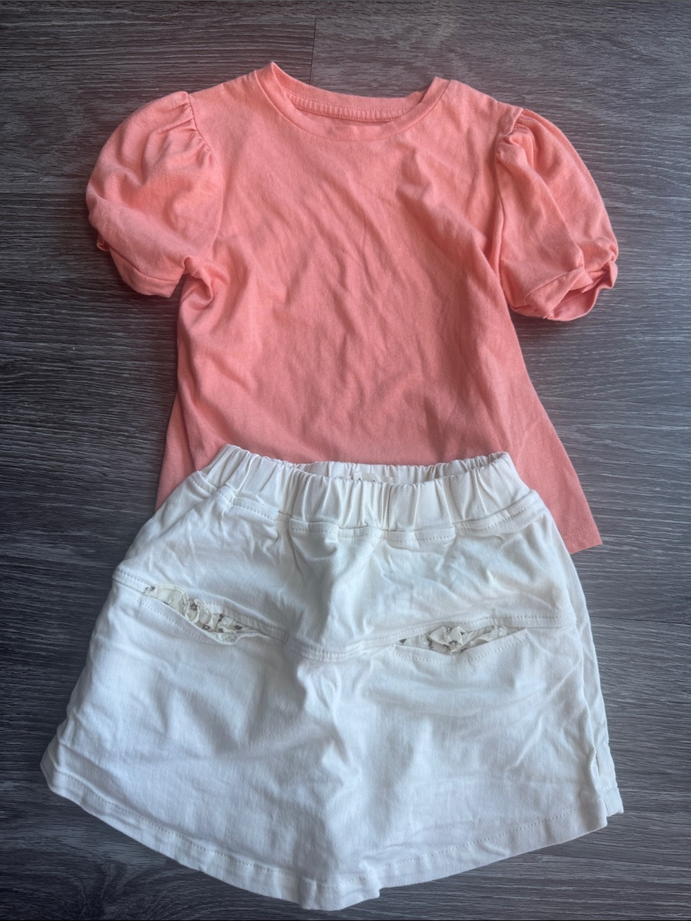 Girls Coral Puff Sleeve Tee with Cream Elastic Waist Skort